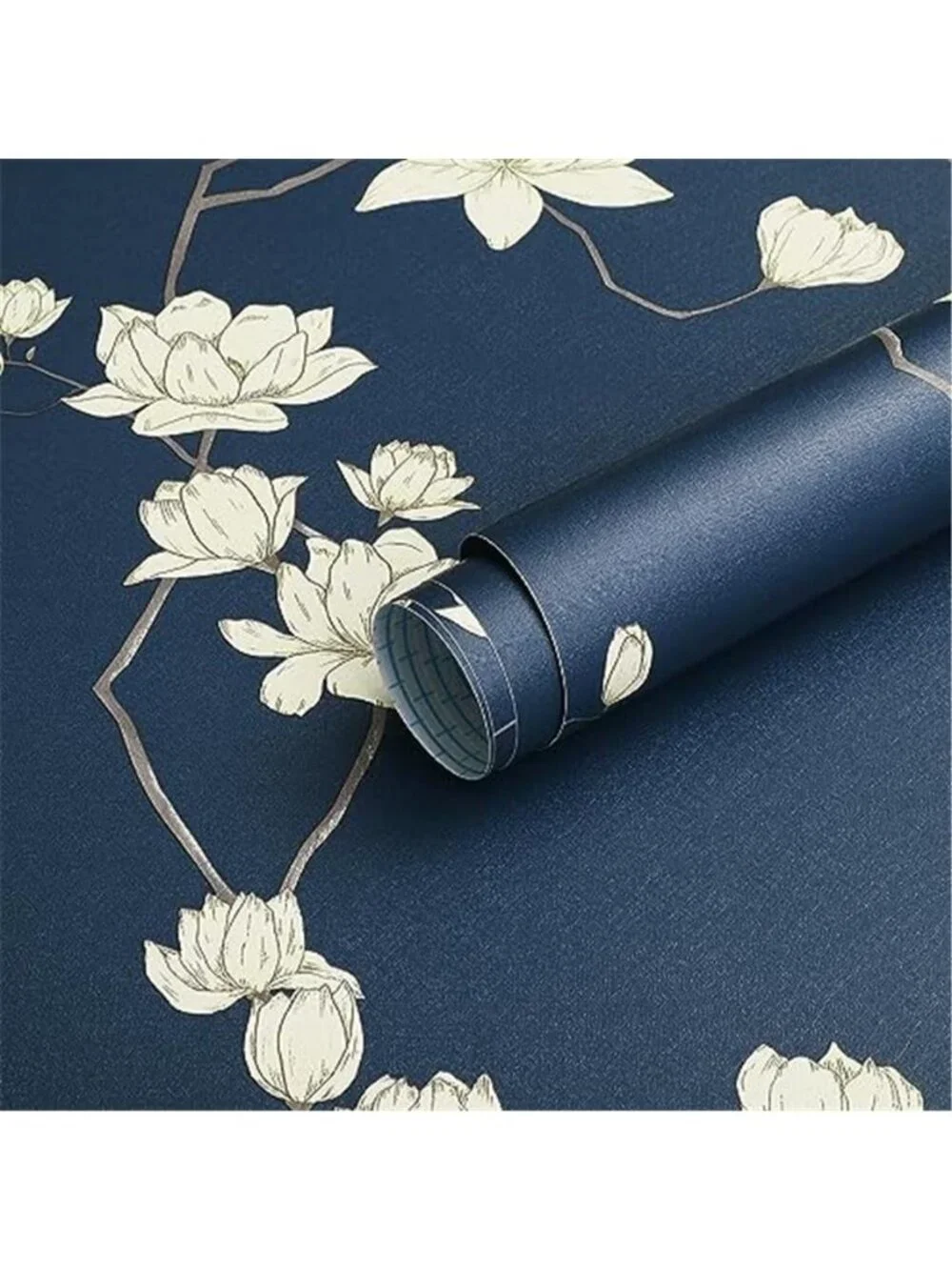 Dark Blue Floral Peel and Stick Wallpaper Beige Flowers Contact Paper
